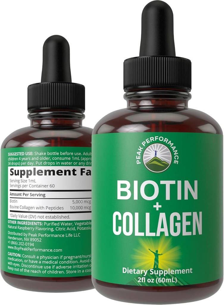 Liquid Collagen for Women and Men with Biotin. Advanced 2-in-1 Oral Drops for Hair Growth, Skin, and Nails. 10,000 mcg Bovine Collagen Peptides + 5,000 mcg Biotin. Gluten Free, Zero Sugar Supplements