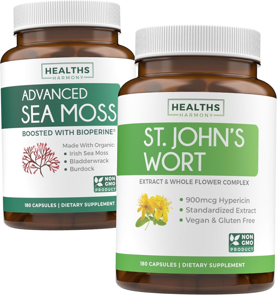 Sea Moss & St. John's Wort (2-Month Supply) Mood Moss Blend - Organik İrlandalı Deniz Moss - Raw Vegan Supplement (180 Caps) & St John's Wort Güçlü 900mcg Hypericin Vegan Non-GMO (180 Capsules)