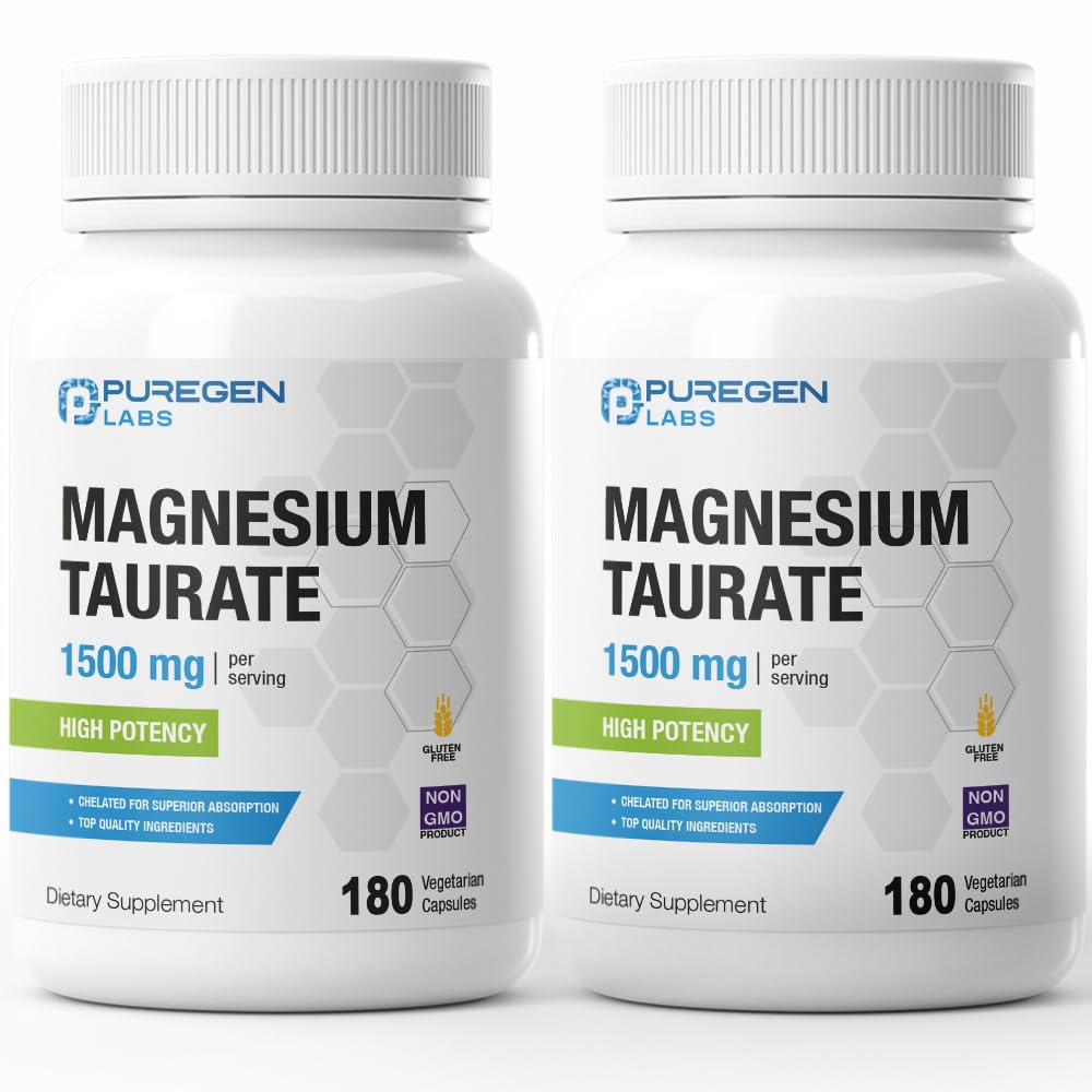 Puregen Labs Magnezyum Taurate 1500 mg (High Potency) Total 360 Veggie Caps, Chelated for Superior Abors, Non-GMO, NO Gluten ve Süt | ABD'de Yap