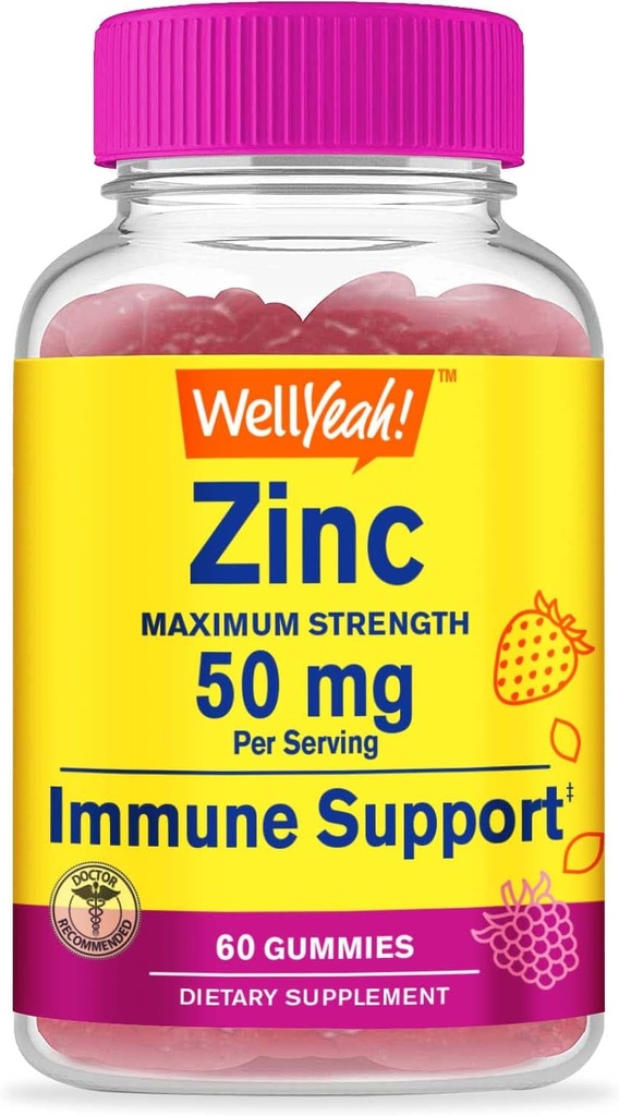 WellEvet çinko Gummies 50 mg - Sağlıklı Immune Function and Antioksi Health - Natural Berry Flavor - Gluten-Free, GMO-Free - Chewable Gummy Diyetary Supplement - 60 Gummies
