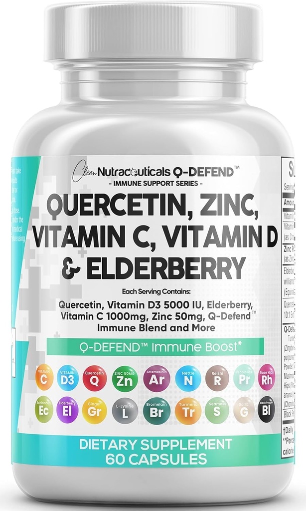 Q Quercetin Supplement ile çinko C Vitamin D Elder Turmeric Black Pepper Garlic Ginger Sea Moss Lysine Sting Nettle Reishi Mushroom Immune Support 60 Capsules by Clean Nutra