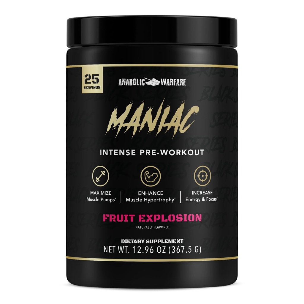 Erkek Oyunculuk Siyah Serisi Maniac, Pre-Workout Toz, Nitrik Oksit, Kas Pumps ve Protein Synthesis* Meyve Patlaması