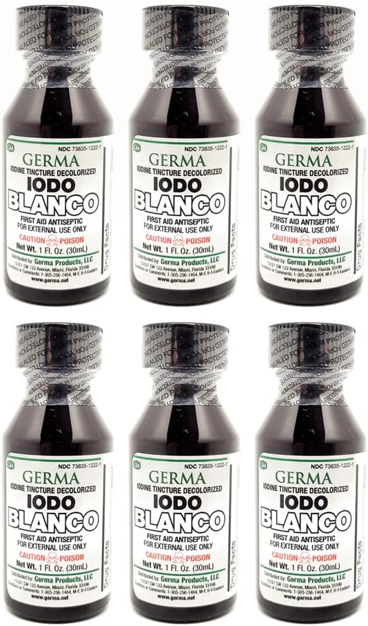Germa White Iodine Tincture. İlk Yardım Antiseptic. for Minor Boates, Cuts, Bruises and Burns. Skin Enfeksiyonunu önler. 1 oz. Pack of 6