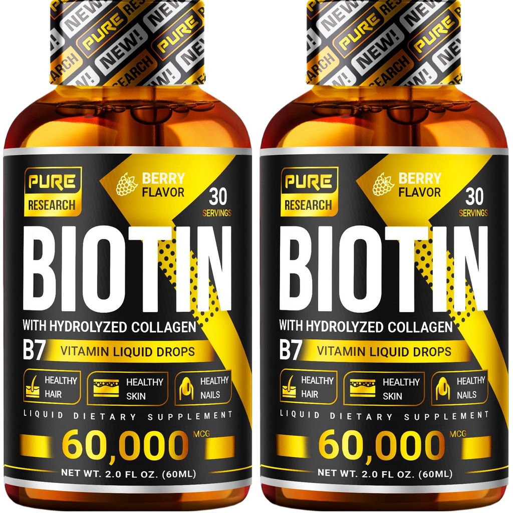 PURE, Biotin & Collagen 60.000 Saç Büyümesi Sıvı Merdivenler, Destekler: Güçlü Nails, Glowing Skin, Sağlıklı Saç Büyümesi, Daha Fazla Aborps & Pills (4Fl Oz)