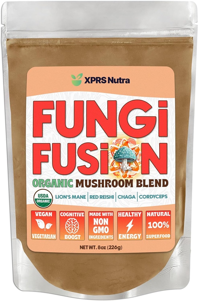 XPRS Nutra Fungi Fusion Organic Mushroom Powder Blend, Premium Blend of Lion's Mane, Reishi, Chaga, Cordyceps for Mental Clarity, Cognition, Energy and Immunity - 8 Ounce