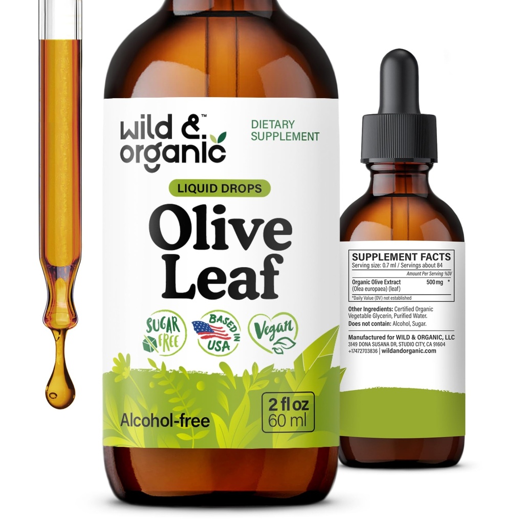 Wild & Organic Olive Leaf Extract Liquid Drops - Immune & Antioxidant - 2oz | Oleuropein Olive Leaf Supplement - Add to Tea Tincture - Vegan, No Sugar & Alcohol-Free - Plant-Based, Natural, Vegan