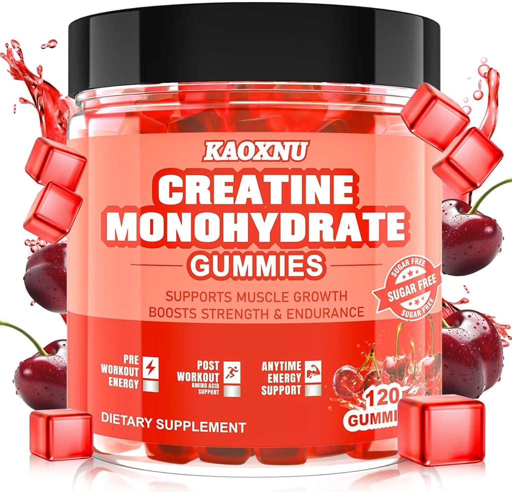 Erkekler ve kadınlar için 5600 mg, Kas Desteği için 120 CT Chewable Kretine Gummies 5600 mg - Sugar Free, Vegan (Cherry Flavor)
