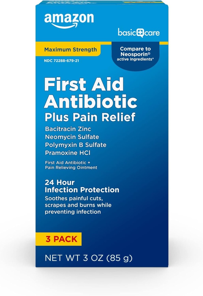 Temel Bakım En Güçlü İlk Yardımı Triple Antibiyotik Ointment, Pain Relief For Minor Cuts, Yararlar ve Burns, 3 ounce (Pack of 1)