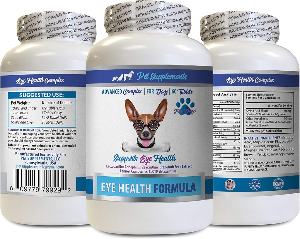 Köpekler Göz Vitaminleri - Köpekler Göz Sağlığı Formula - Gelişmiş Göz Destek Kompleksi - VETS Önerilen - Köpek Lutein - 1 Şişe (60 Tablet)