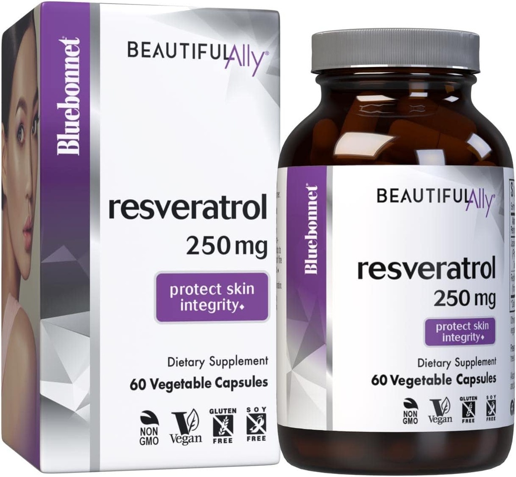 Bluebonnet Nutrition Beautiful Ally Resveratrol 250mg, Best for Skin, Antioxidant, Beauty Nutrient, Vegan, Vegetarian, Non GMO, Gluten Free, Soy Free, 60 Vegetable Capsules, 60 Servings
