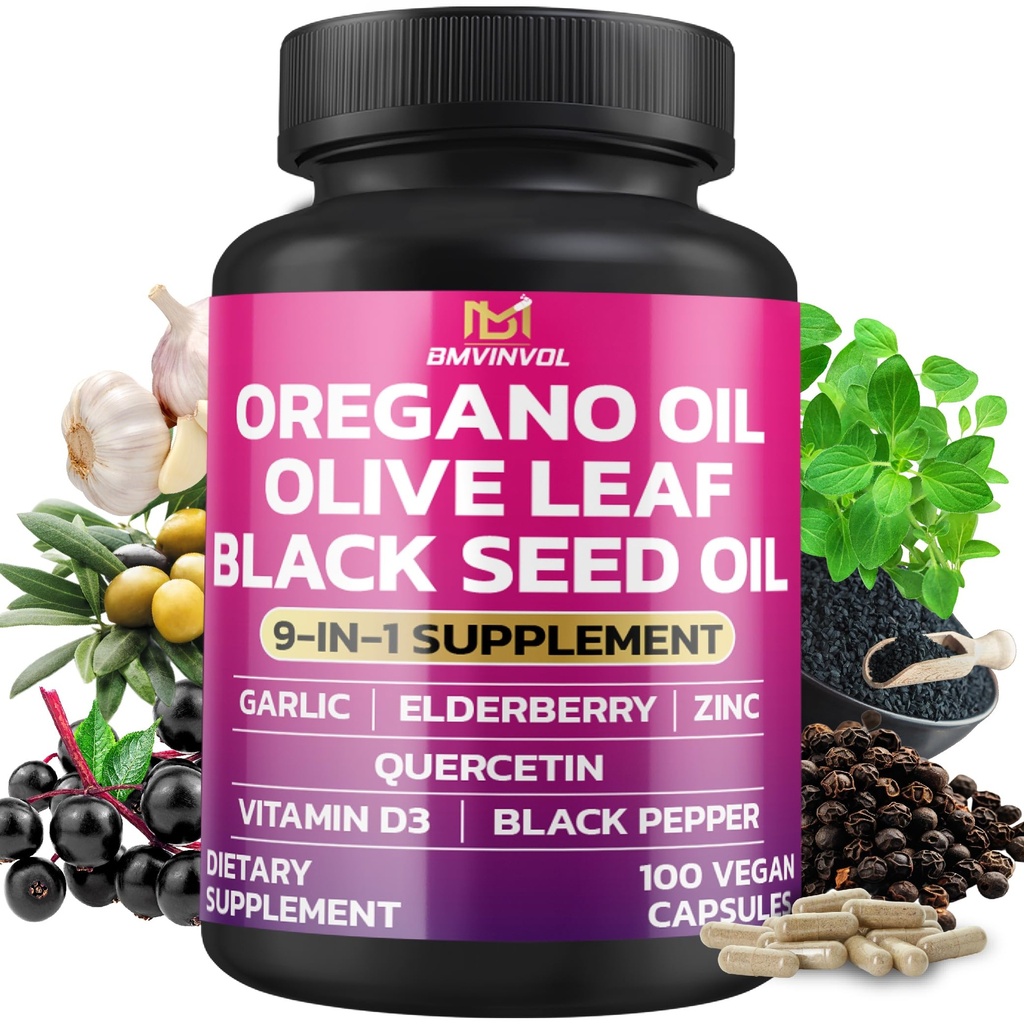 UNVINVOL Oregano Olive Olive Leaf Black Seed + 5 Daha fazla - Kadın ve Erkekler için Immune Support & Digestive Health Supplement - 100 Capsules