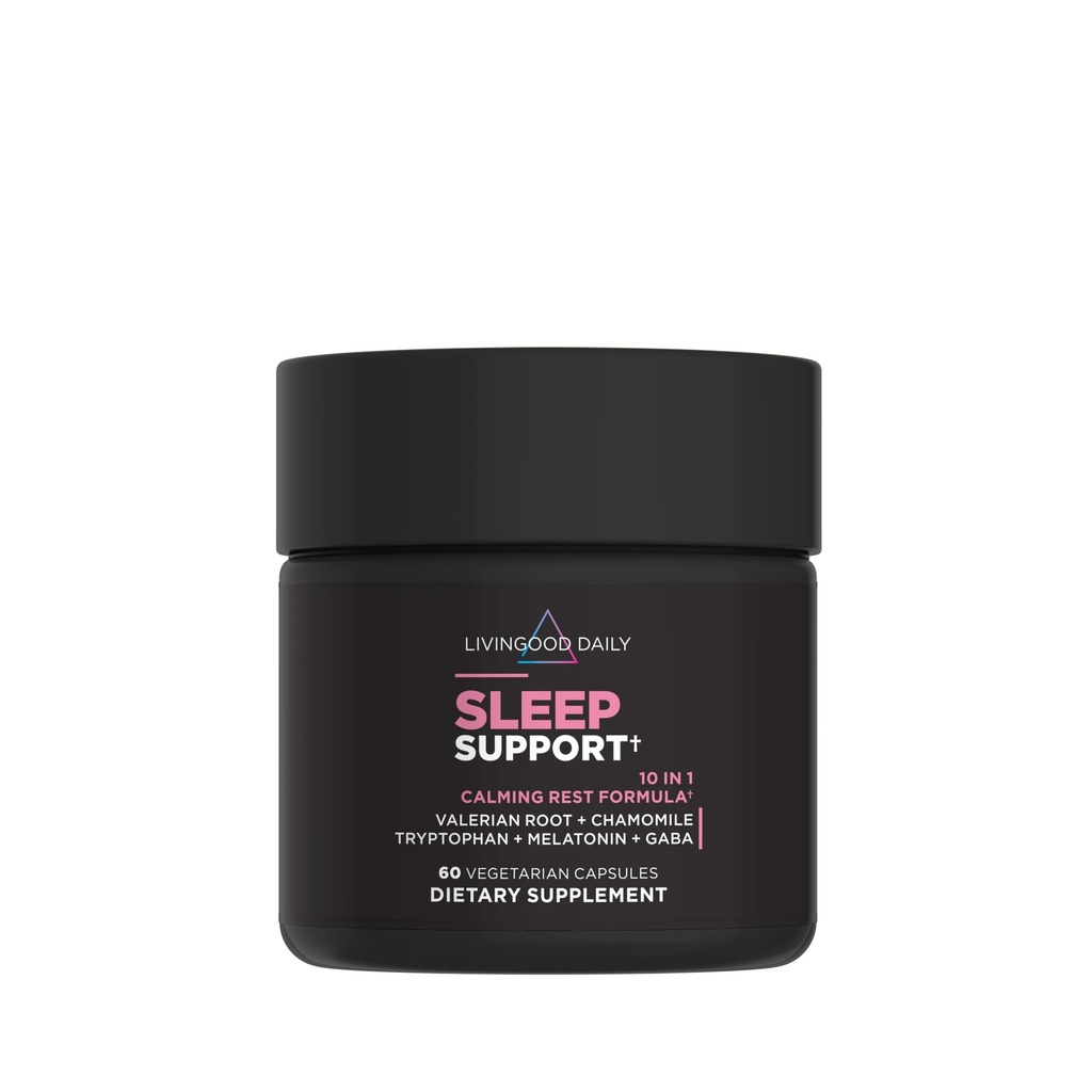 Livingood Daily Sleep Support Supplement, 10in-1 Natural Sleep Aid with 5 MG Melatonin, Valerian Root, Chamomile, Tryptophan & GABA for Men & Women, Non Habit Form, Gluten Free, Vegan, 60 Capsules