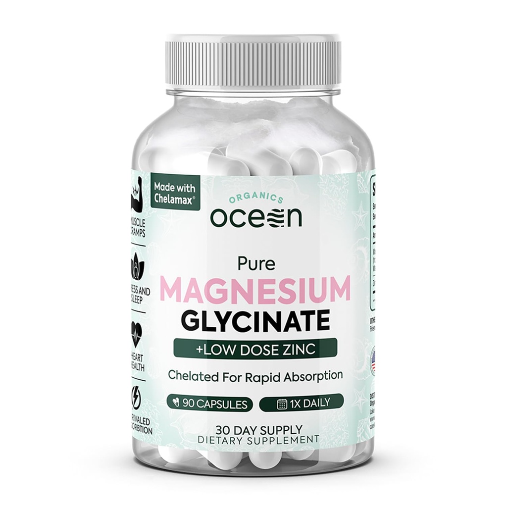 Organiks Ocean Pure Magnezyum Glycinate with Çinko - Kas Cramps ve Uyku Desteği için Kadınlar ve Erkekler için en güçlü Tamam Magnezyum - 90 Capsule