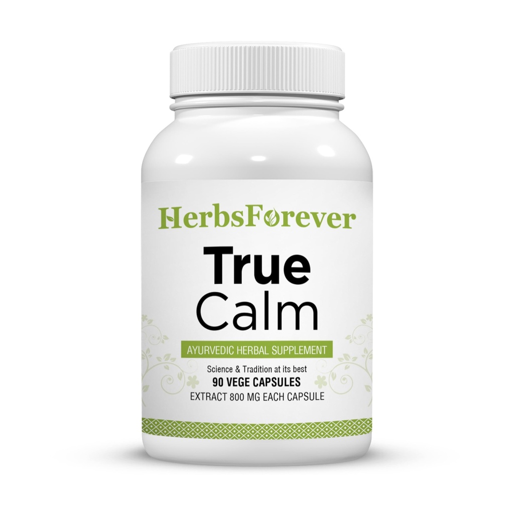 Herbsforever True Calm Capsules Ayurvedic Herbal Formulation Stres Yardımı Formülü Calmness ve Rahat Uyku 90 Vege Capsules 800 Mg Every