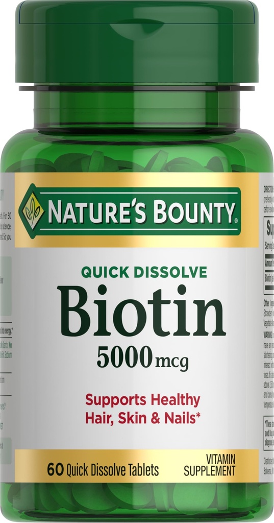 Nature's Bounty Biotin, Hücre Enerji ve Sağlıklı Saçlar için Metabolism, Skin ve Nails, 5000 mcg, 60 Quick Dissolve Tabletleri
