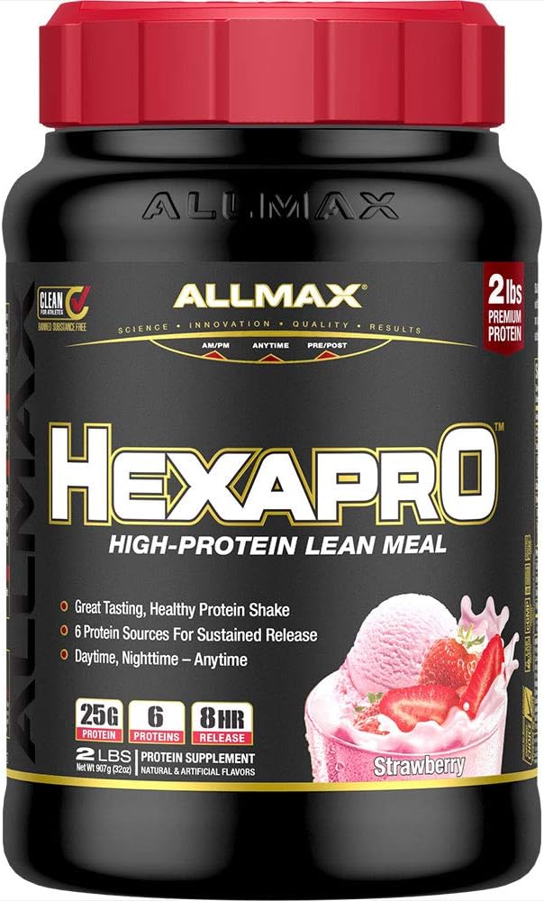 ALLMAX HEXAPRO, Strawberry - 2 lb - 25 Gens of Protein Per Servis - 8 Saat Sustained Salı - Zero Sugar - 21 Hizmet