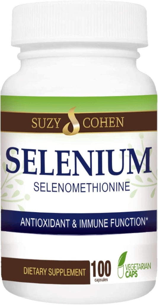 Suzy Cohen Selenium Supplement 200 mcg, Sağlıklı Kalp, Immune Sistemi, Tiroidi, Prostrate Function, Yeast Free Chelated Tummy Friendly Reese, Highly Bio available, 100 Veg Capsule