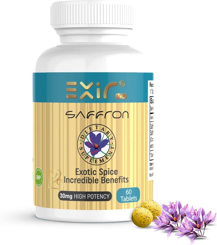 EXIR Saffron Supplement | Destekler Odak, Sağlıklı Yeme Alışkanlıkları, Mood, Metabolism, 60 Tabletler