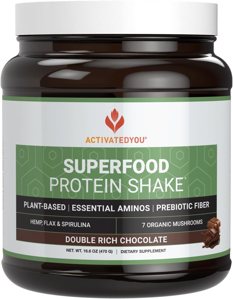 ACTIVATEDYOU Superfood protein Shake -Vegan Plant Protein Toz - Organik 7 Mushroom Mix, Spirulina ve GoldRella Chlorella - Kar Dürüstlüğü teşvik, Chocolate Flavor (15 hizmet)