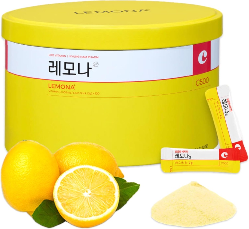 LEMONA Official Vitamin C Powder 500mg Korean Supplements Immune Support B6, B2, On-The-Go Packets Vitamin Healthy Living, Easy to Take Daily Energy Boost Korean Food Snacks Lemon (120Sticks)