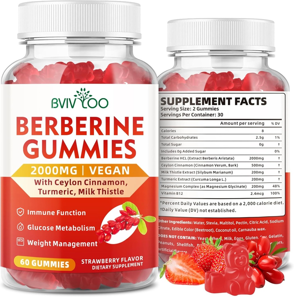 Berberine Gummies,Sugar Free 2000mg High Potency Berberine HCI Supplement, Plus Ceylon Cinnamon, Milk Butle for Women & Men, Immune System & Metabolism Support - 60 Gummies