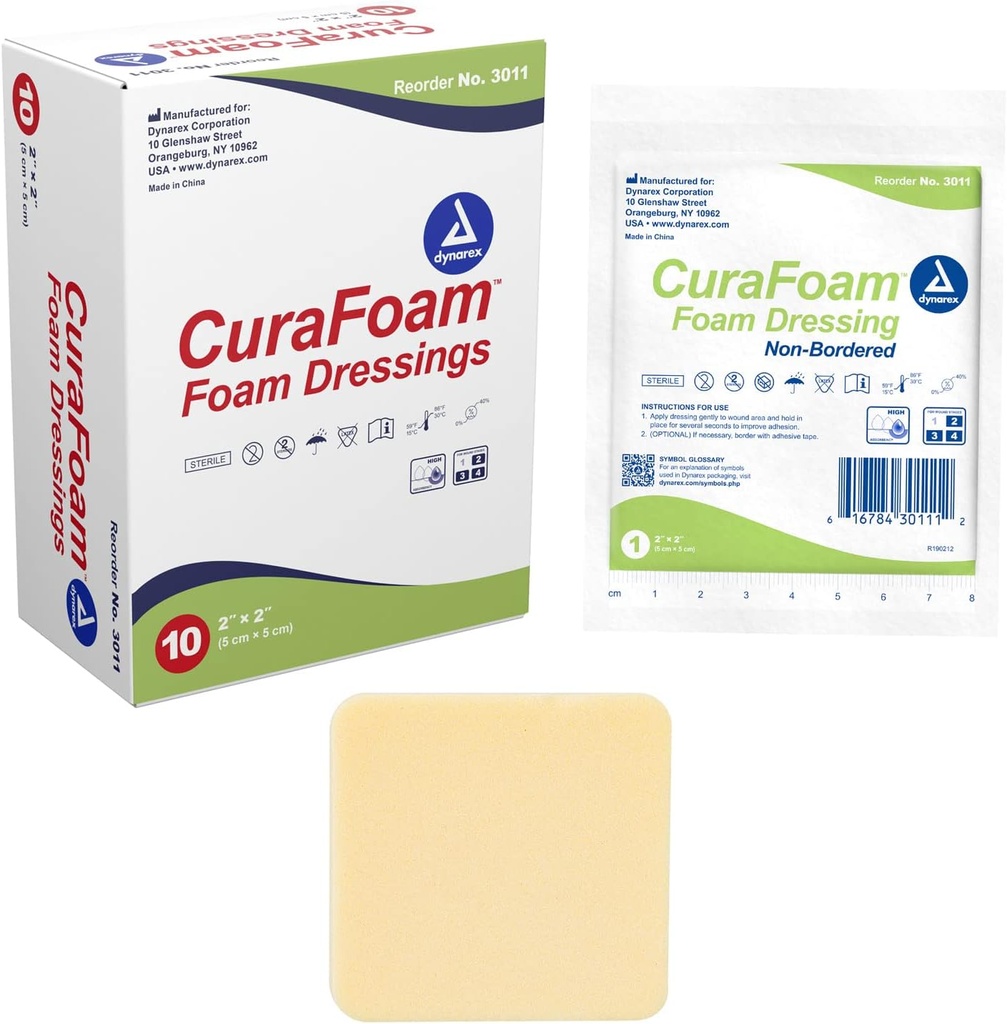 Dynarex 3011 CuraFoam Köpük Giyinme, sipariş edilmemiş, steril, Cushioned ve Moist Yara Bakımı, 2" x 2", 10 Paket