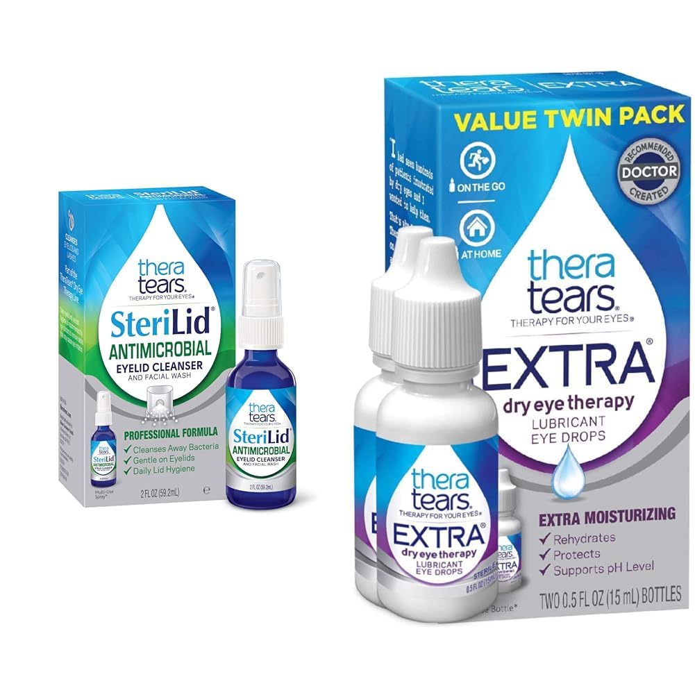 TheraTears Ekstra Kuru Göz Terapisi Kuru Gözler için Duş, 0,5 fl oz Şişe, 2 Kont & SteriLid Eyelid Cleanser ve Face Yıkama, sinirlenen gözler için, 2 fl oz sprey