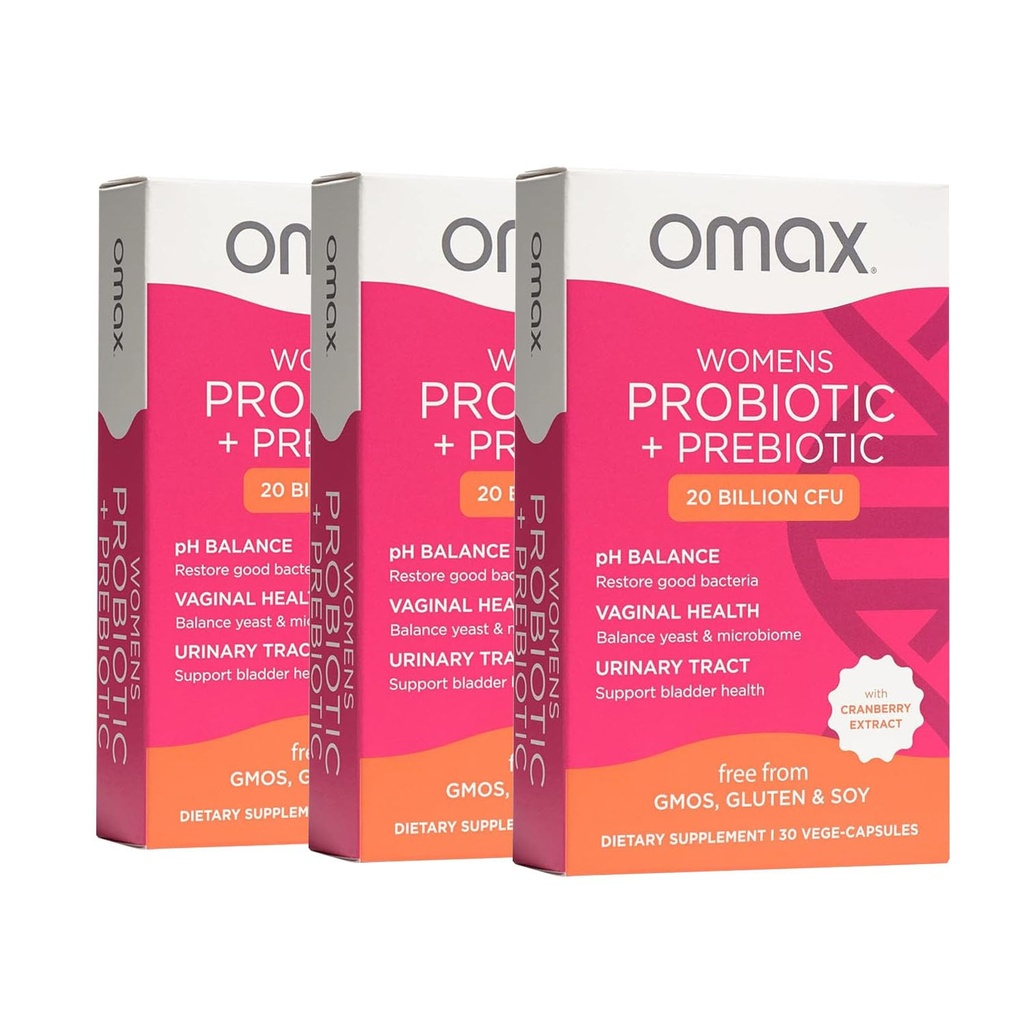Omax3 Kadın Probiyotik + Prebiyotik, Cranberry & Chicory Root, 20 Milyar CFU, 6 Klinik olarak Proven Strains, Vaginal pH, UTI, Bloating, (Package May Vary) | 90 Vege Capsules (3 Kutu)