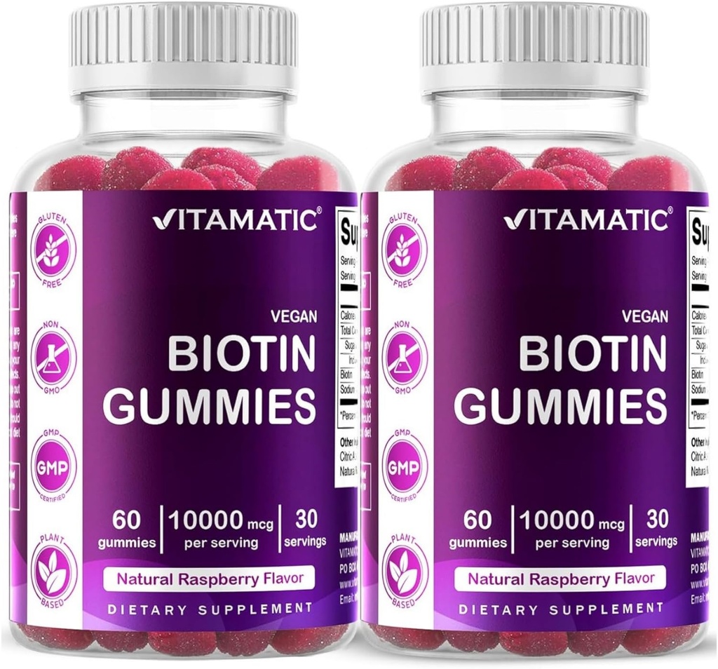 Vitamatic Biotin Gummies 10.000 mcg for Stronger Saç, Skin & Nails - 60 Vegan Gummies - Ayrıca B7 (2 Şişe)