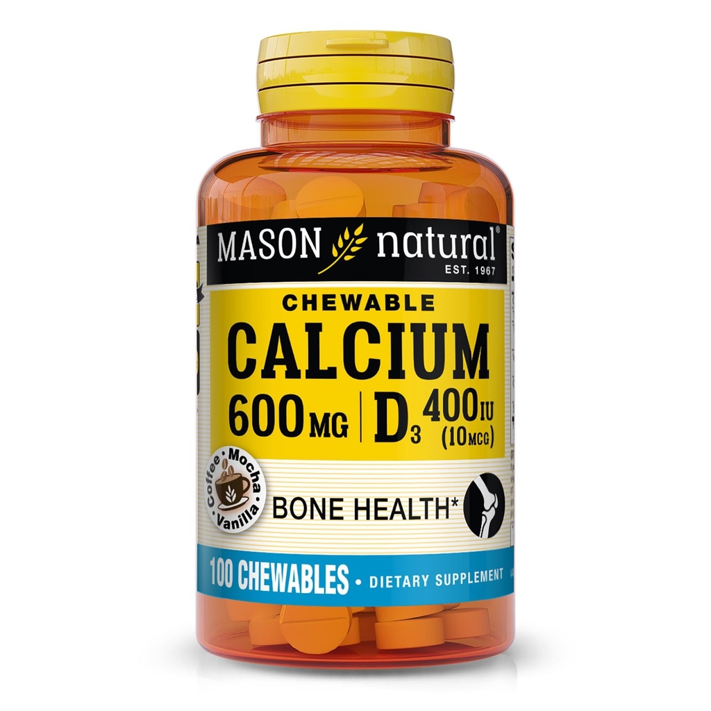 MASON NATURALuba 600 mg ile D3, 100 Day Supply, Sağlıklı Kemikleri ve Normal Kas Fonksiyonu, Kahve Mocha Flavor, 100 Chewables