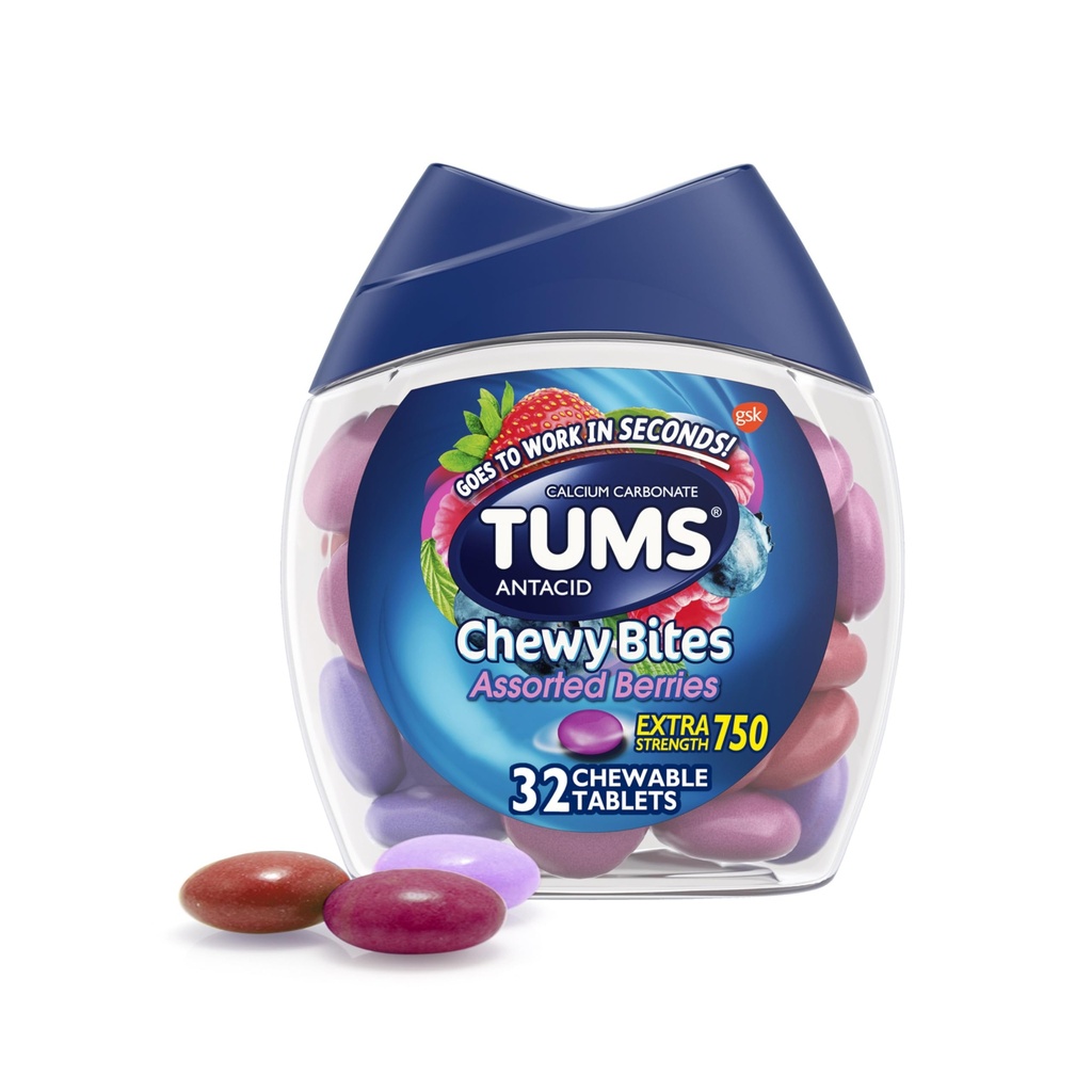 TUMS Chewy, Chewable Heartburn & Acid Indigestion Relief için Antacid Tabletleri Bites, Assorted Cave, 32