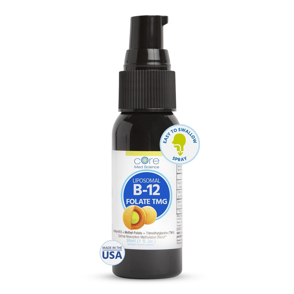 Core Med Science Liposomal B12 Folate TMG Sıvı Kaplaması Kadınlar ve Erkekler için Tamamlayıcı - Destekler Mood, Cognitive, & Heart Health - Vitamin B9 & Betaine for Homocysteine Levels & Me