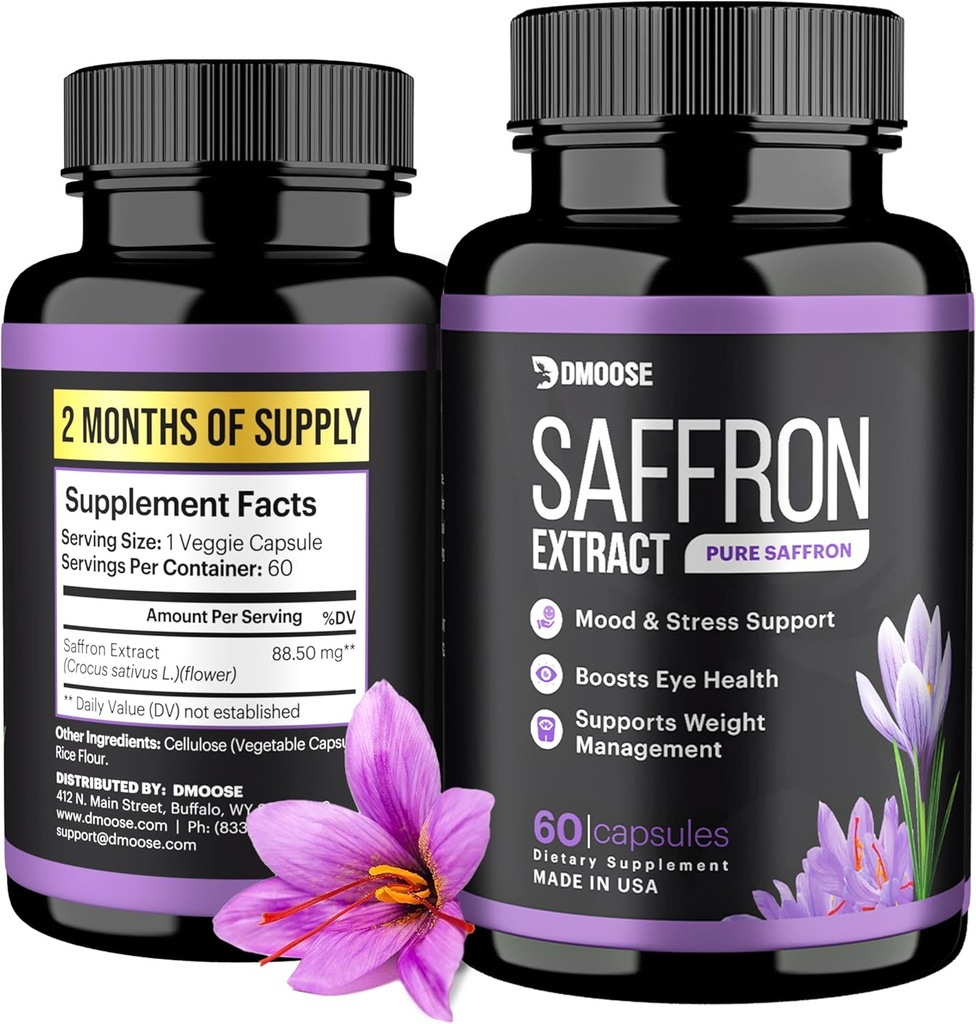 DMoose Saffron Extract (88.5 mg) - Gelişmiş Enerji, Destek Göz Sağlığı - Erkekler ve Kadınlar için Saffron Supplement - 60 Capsules (2 Ay Hizmet) (60 Kont)