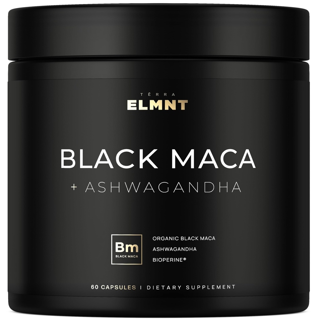 ELMNT 40.000 mg 40x Strength Organic Black Maca Root w. Ashwagandha - #1 En yüksek Potency Black Maca Root Capsules for Men Supplement 40:1 Extract - 100% Pure Maca Peruana Maca Toz Pills Gelatinized