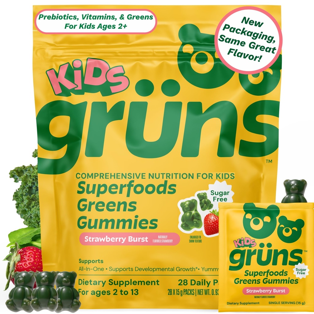 Çocuklar için Çokvitamin, Super Greens Gummies, Superfood Gummy Bears 20+ Vitamins & Minerals, Spirulina, Chlorella, Prebiyotiks Fiber for Digestive Health, Adaptogens Supplement, 28 gün Supply Gummy Bears