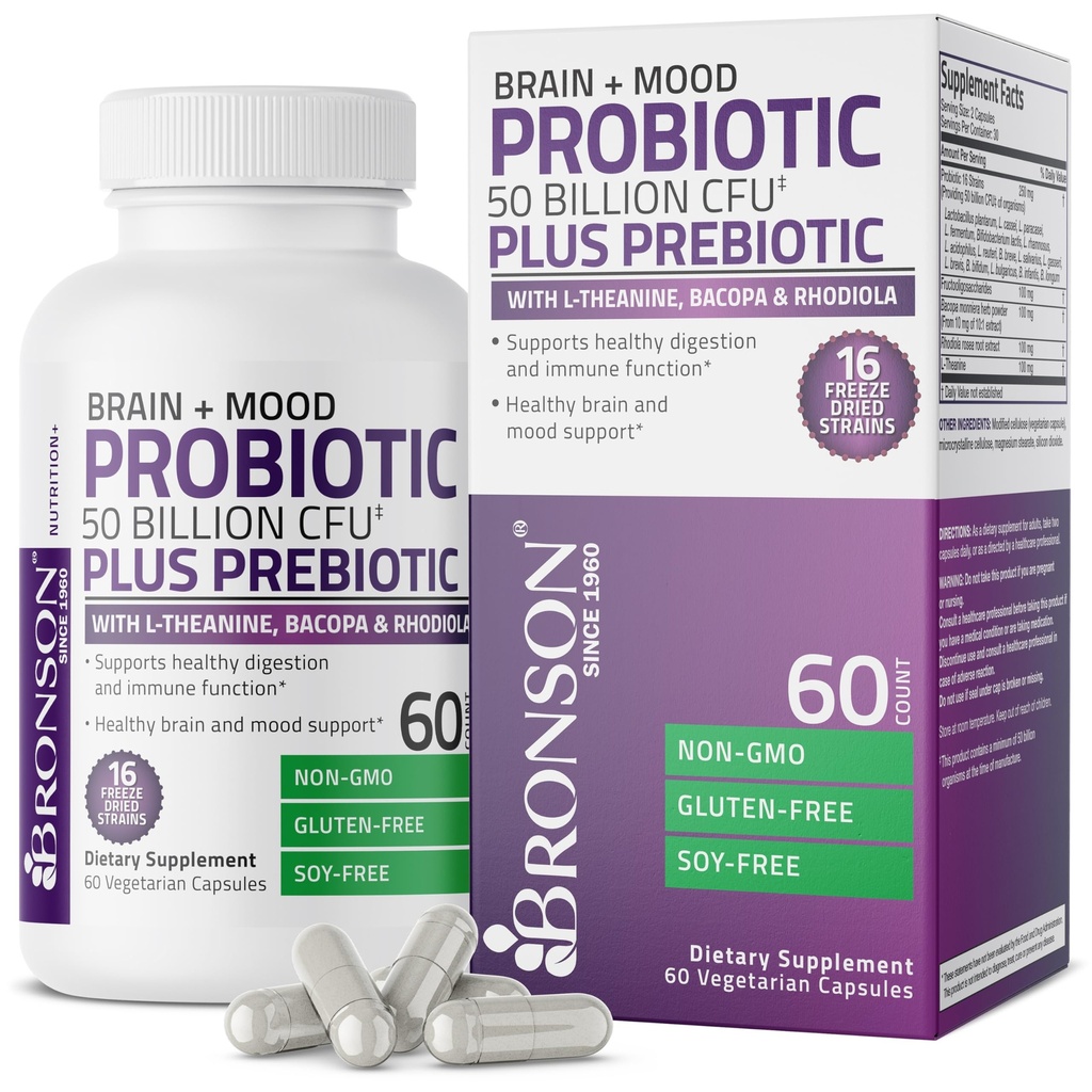 Bronson Beyin + Mood Probiyotik 50 Milyar CFU Plus L-Theanine, Bacopa ve Rhodiola Non-GMO, 60 Vegetarian Capsules