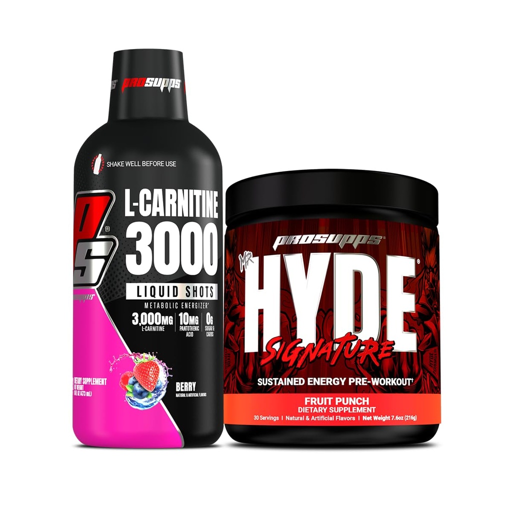 PROSUPPS L-Carnitine 3000 Stimulant Ücretsiz Sıvı Shots (Berry) ve Bay Hyde Signature Series Pre-Workout Energy Tozed Drink (Fruit Punch)