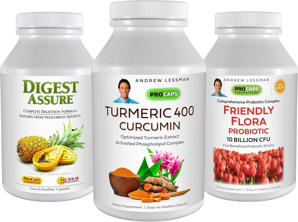 ANDREW LESSMAN 3 Ürün Digestive Sche - 30 Capsules Her Turmeric 400 Curcumin, Digest Assure & Ultimate Friendly Flora. Destek ve geliştirmek Sağlıklı Digestive Processes.