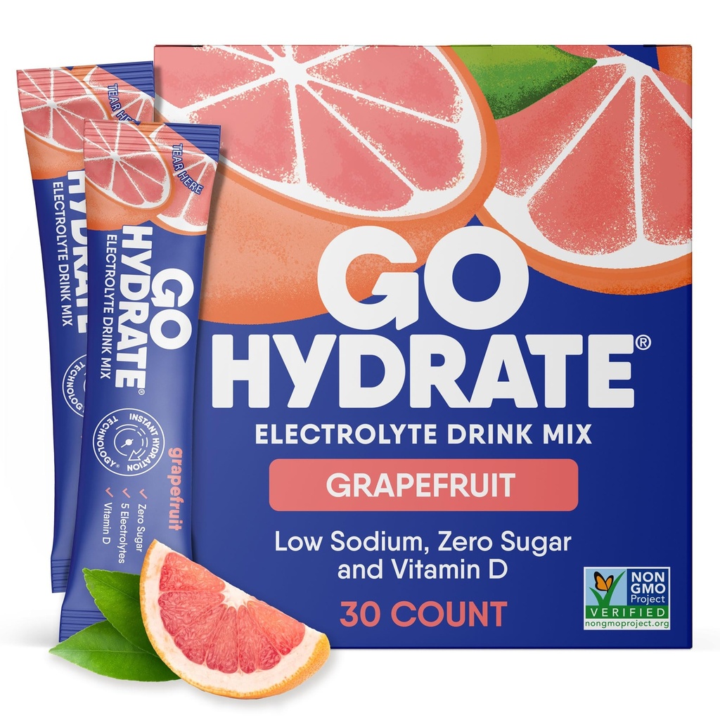 GoHydrate Low sodyum Electrolytes Toz Paketleri Sugar Free - Instant Hydration Daily Drink Mix - Zero Sugar Water Flavor Packet Singles with Vitamin D - (Grapetre, 30 Packs)