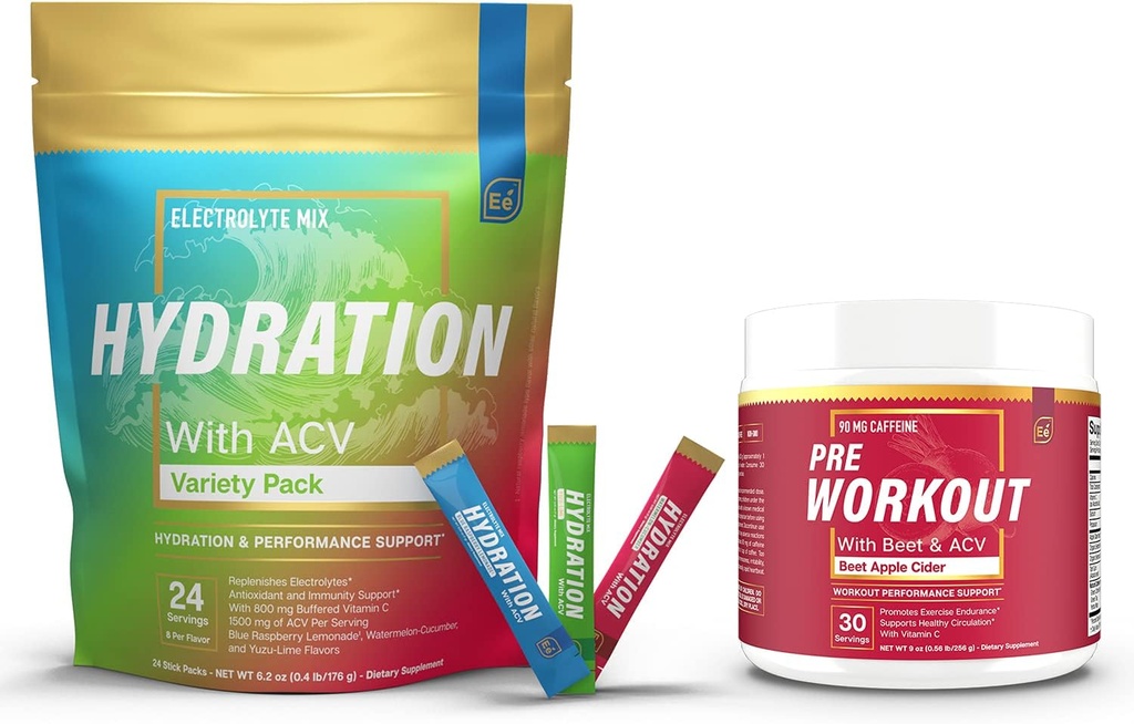 Sugar Free Hydration Toz Paketleri Çeşitli - 24 Stick Packs & PreWorkout Toz ACV | Heat, Egzersiz, Seyahat, Daily Hydration + Superfood Energy & All-Doğal Nitrik Membran ATM Plus Caffeine