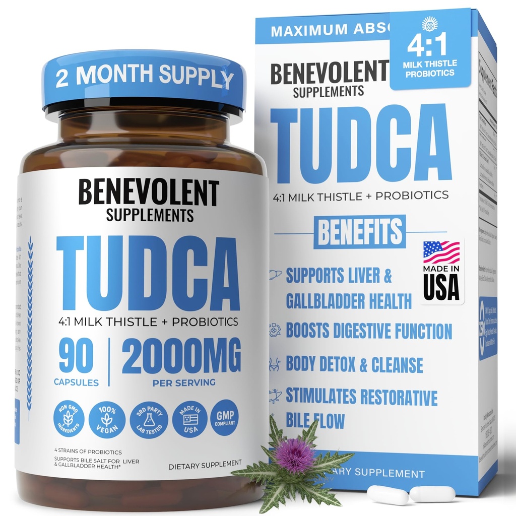 2000 mg Gelişmiş TUDCA Supplement - Max Abxia TUDCA Bile Salts 4:1 Süt Butle ve Probiyotikler - Destekler Liver Detox & Cleanse, Gallbladder, Gut & Kidney Health - 90 Vegan Capsules