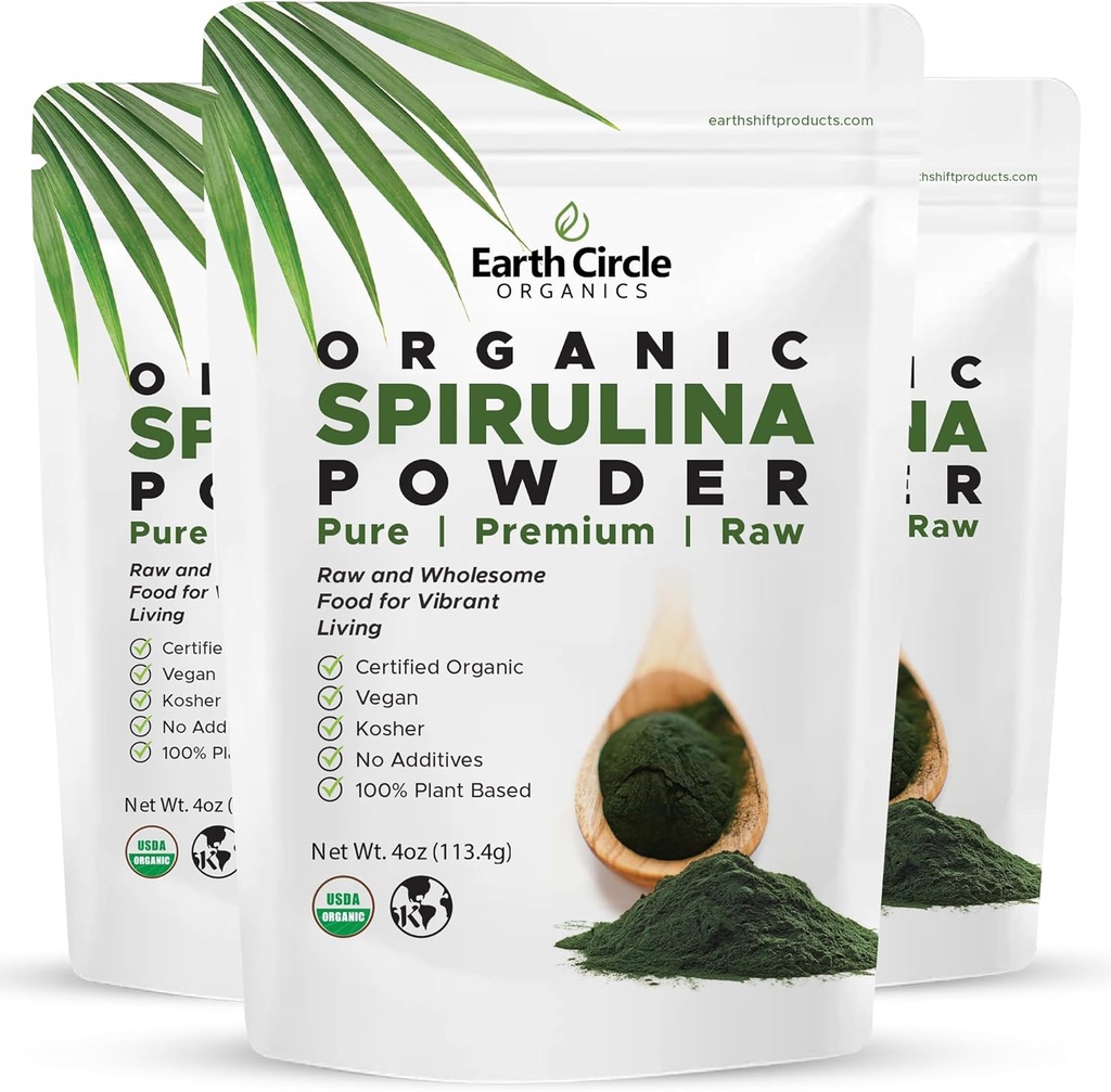 Earth Circle Organics Spirulina Toz, Kosher, Raw ve Non-Irradiated | Pure Vegan Protein | Premium Superfood, Yüksek nükleik asitler ve Antioksiler - 4 Ounce (3 Paketler)