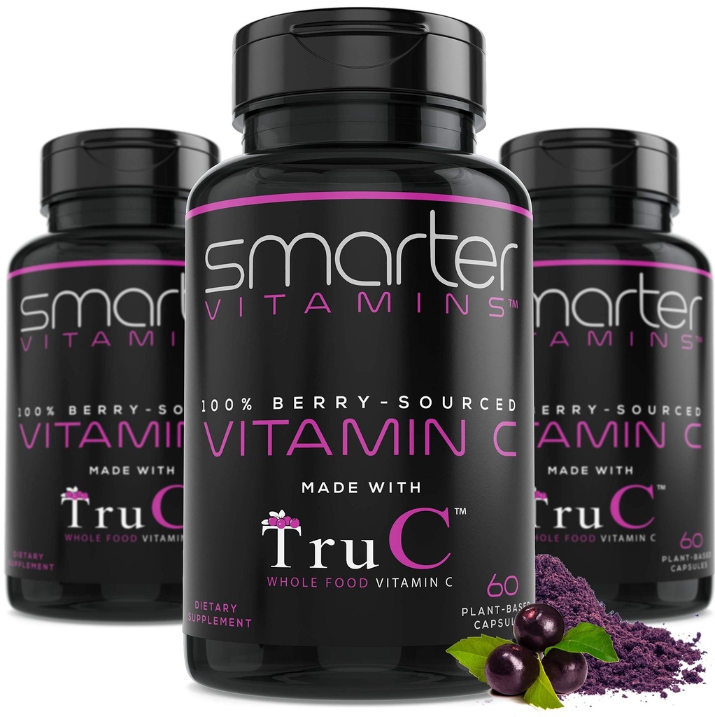 3 Pack Whole Food Vitamin C from 11 Berries with Antioxidants, 180 Capsules | Plant-based TruC with bioflavonoids and polyphenols for immune, collagen and skin support; vegan, non-GMO and easy to digest