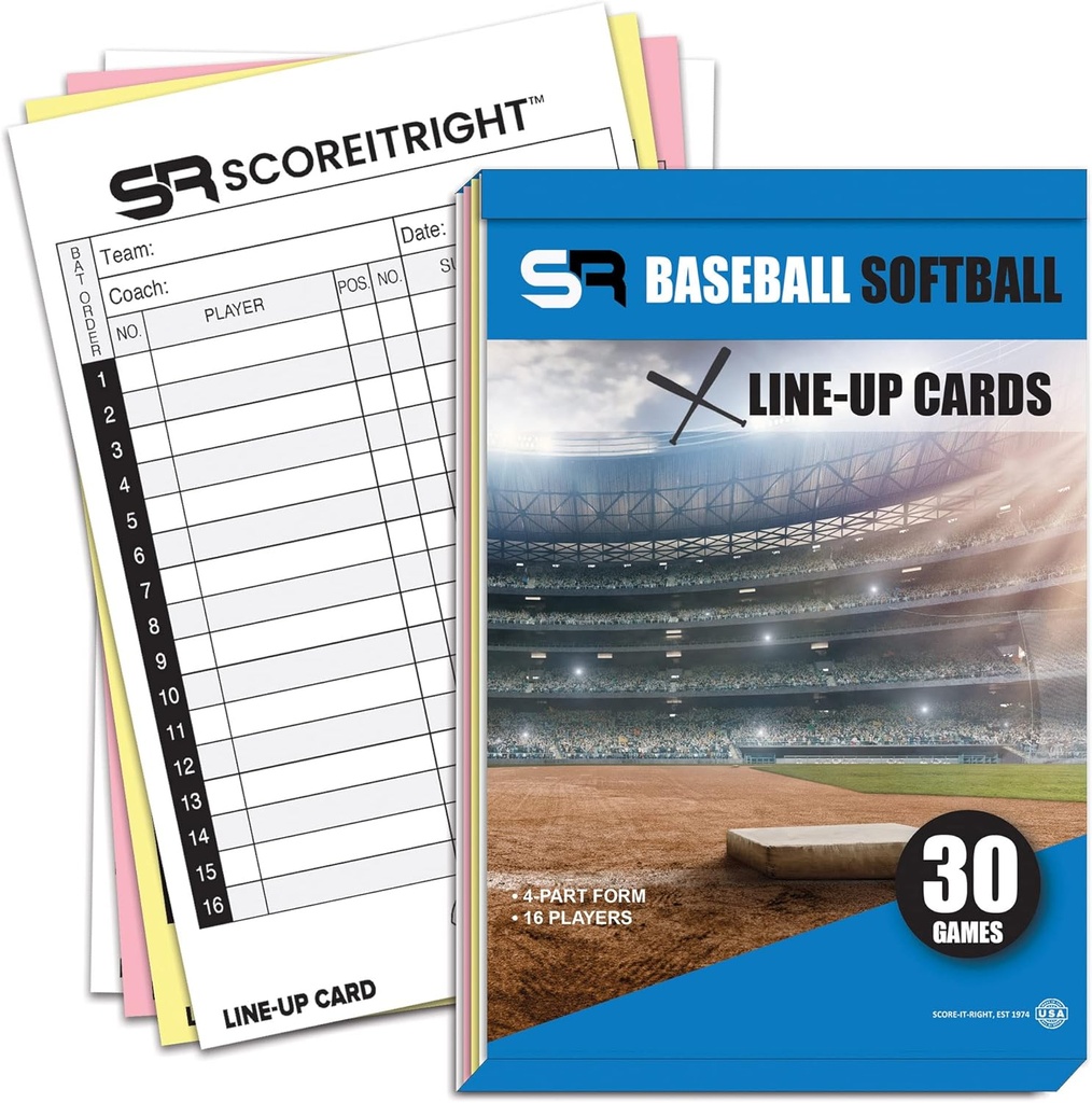Beyzbol /Softball Lineup Kartları – 16 Oyuncu Book Format Lineup Kartları 30 Oyunlar - Flipbook Carbon 4 Part Form - Zaman Tasarrufu ve Beyzbol Pratik Koçluk Aksesuarları