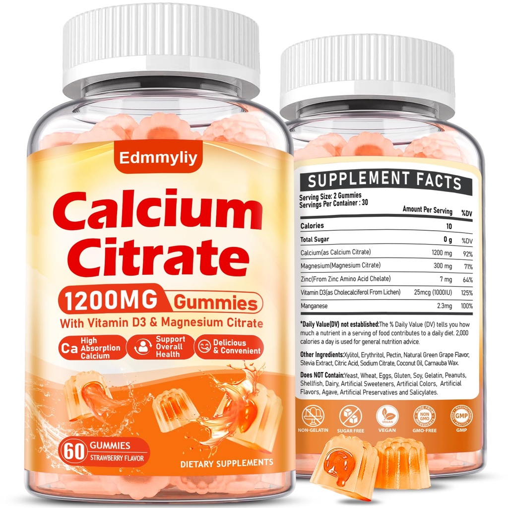Calcium Citrate Supplement Gummies for Adult - Sugar Free Calcium Citrate 1200 Mg with Magnesium 300 Mg & Vitamin D3 - Organic Chewable Calcium Supplements for Women & Men