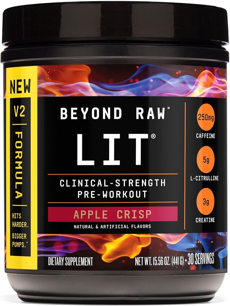 BEYOND RAW LIT V2 Klinik Güçlü Pre Workout Toz, Hits Harder, Daha Büyük Pumps, Caffeine, L-Citrulline, Kretine, Apple Crisp, 30 Servisler