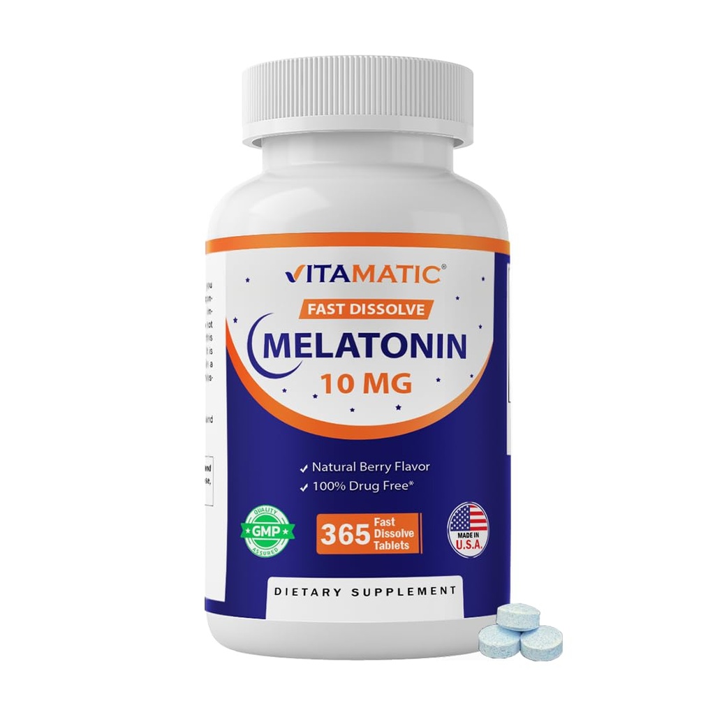 Vitamatic Melatonin 10 mg Hızlı Dissolve Tabletleri - Yetişkinler için Hızlıca - Vejetaryen, Non-GMO & Gluten-Free – Natural Berry Flavor – 365 Tabletler -