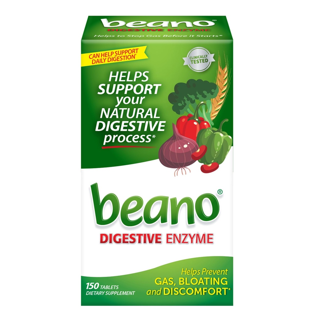 Beano Digestive Enzyme, Yetişkinler için Engelleyici Gaz Yardımı, Gaz ve Bloating'ı önlemeye yardımcı olur, 150 Tablet
