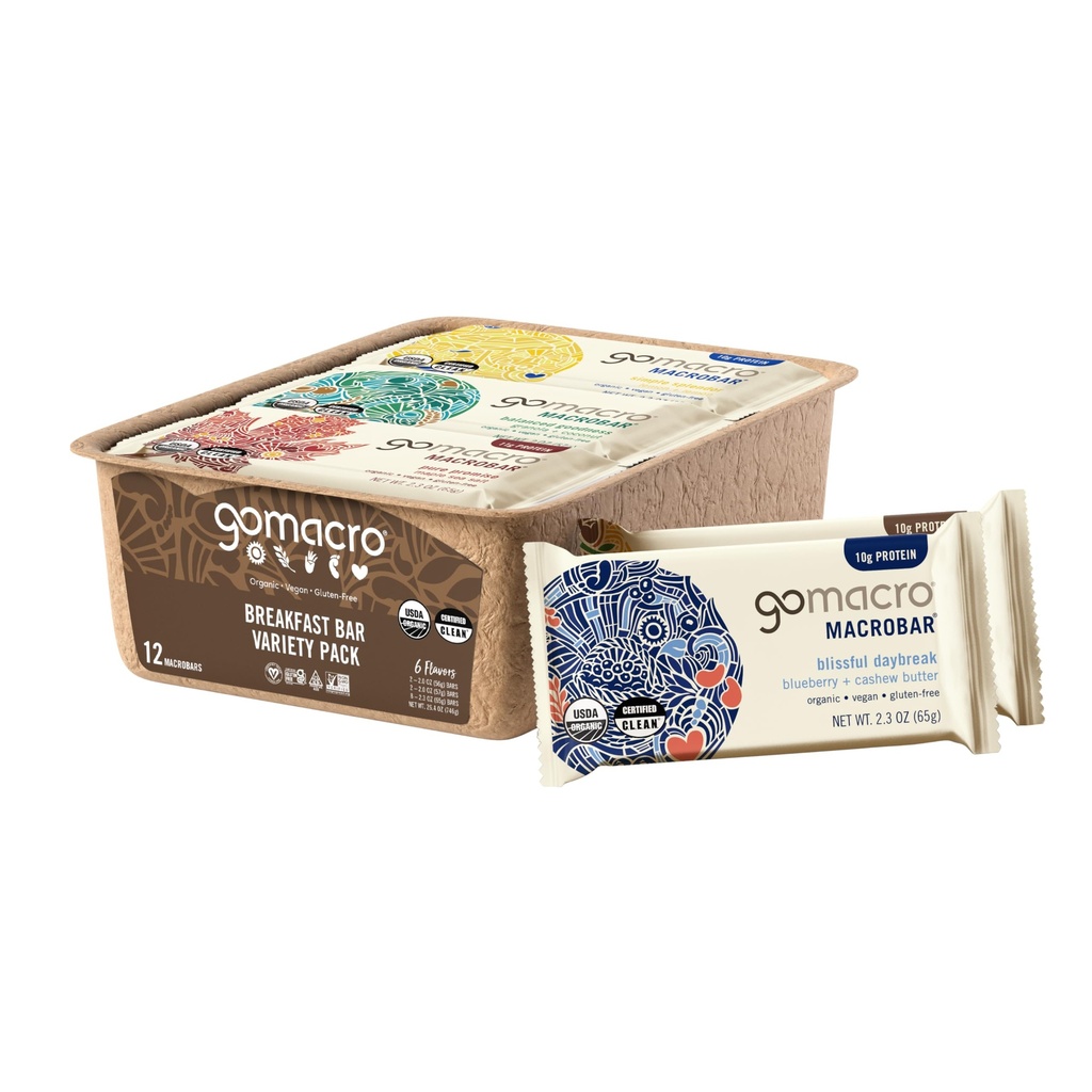 GoMacro Macrobar Organik Vegan Protein Barlar, Kahvaltı Çeşitli Paketi, 12 Kont