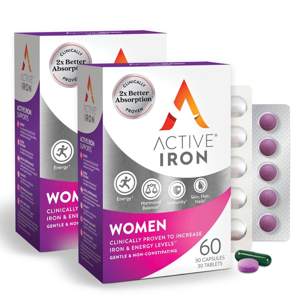 Aktif Demir Supplement 25 mg + Kadınlar için Çokvitamin - Klinik olarak Enerjiyi artırmak ve Tiranlığı azaltmak - Nazik olmayan Demir + Kadın Çokvitamin - 60 Capsules + 60 Tabletler